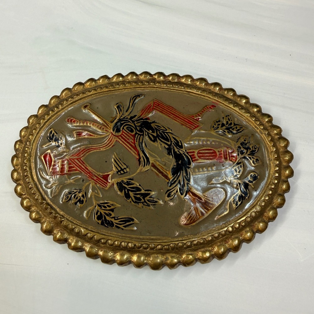Vintage Brass Belt Buckle Hand Painted Musical Horn Floral Scallop Made in India